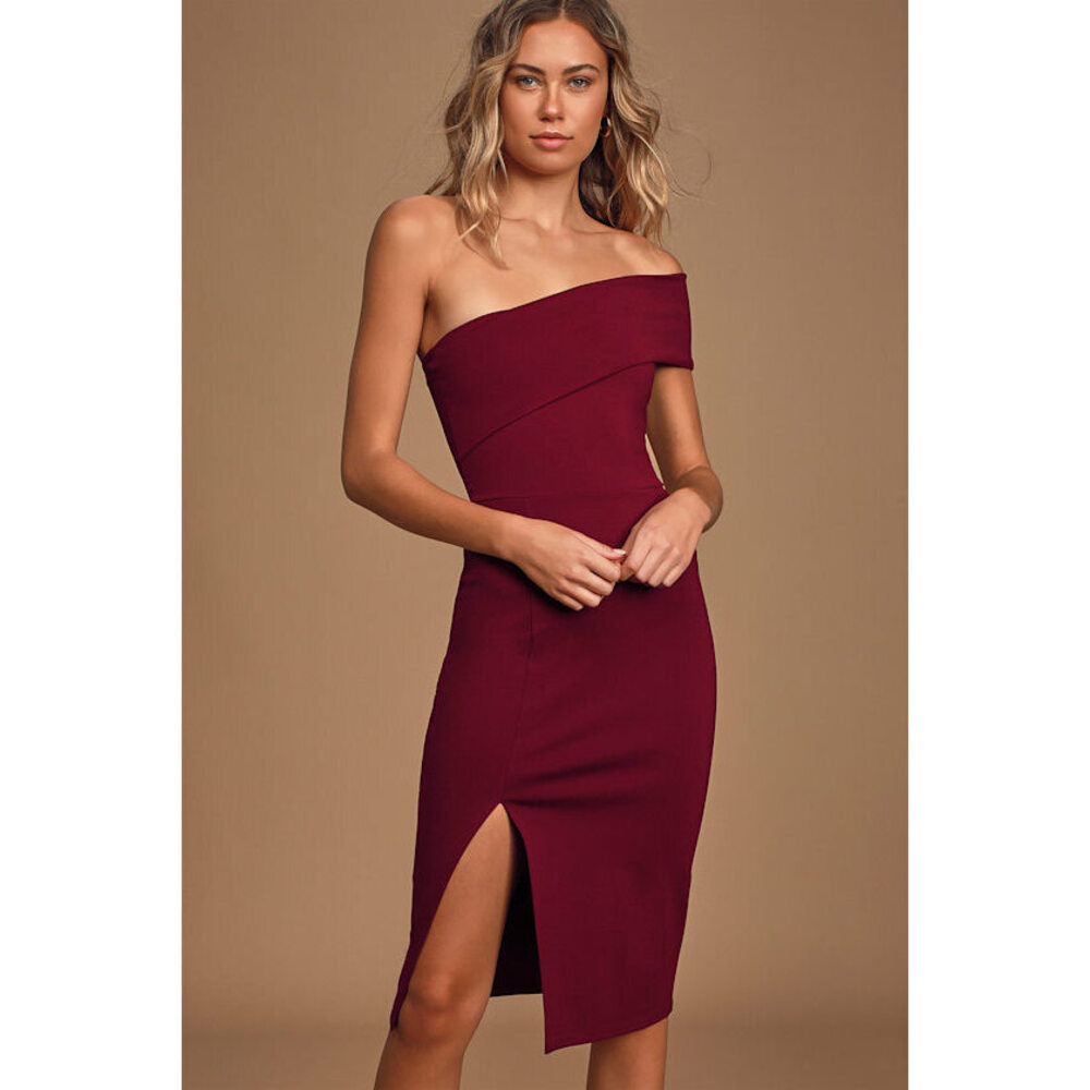 Lulus Transcend Time Burgundy One-shoulder Bodycon Midi Dress Red - Size M